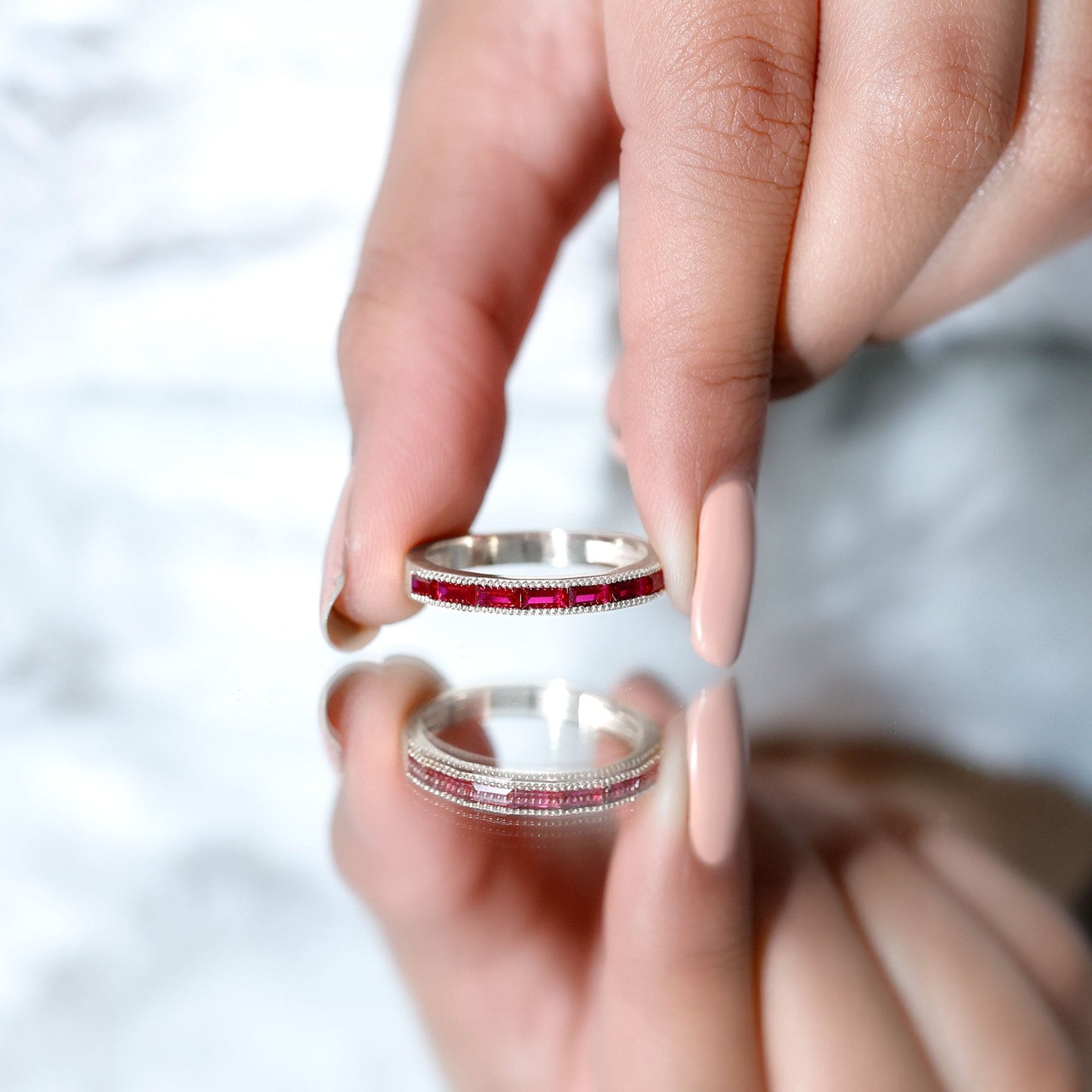 Baguette Cut Lab Grown Ruby Milgrain Band Ring