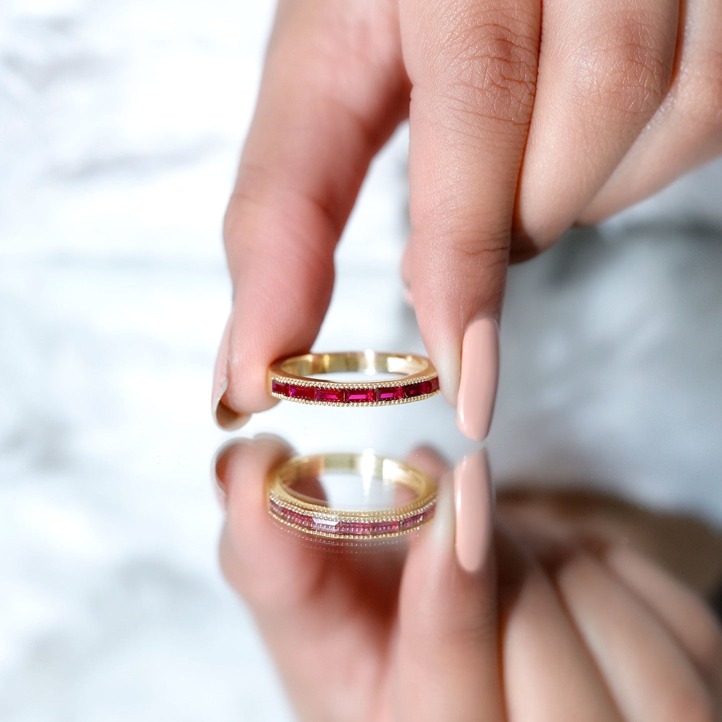 Baguette Cut Lab Grown Ruby Milgrain Band Ring