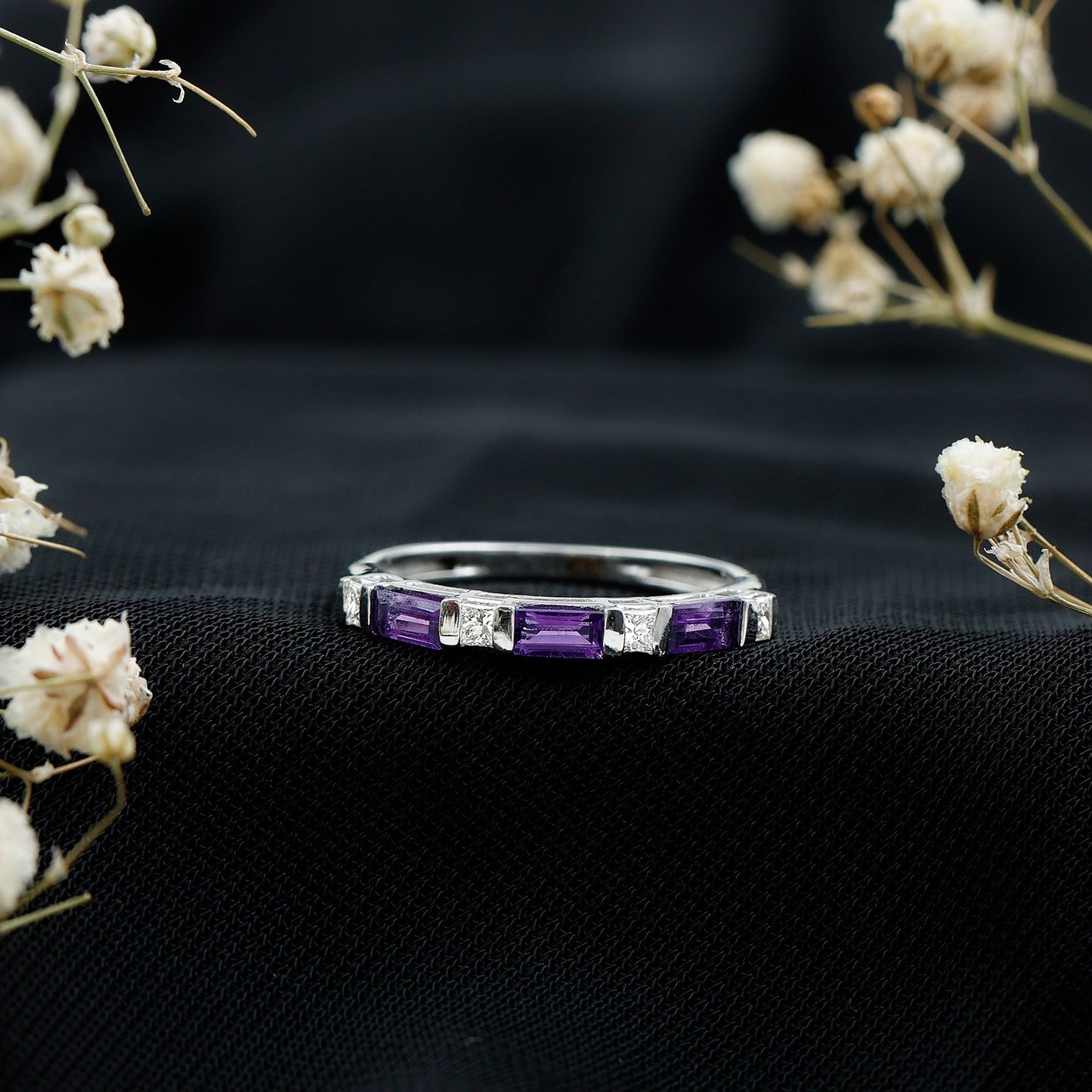 Bar Set Amethyst and Lab Diamond Anniversary Band Ring