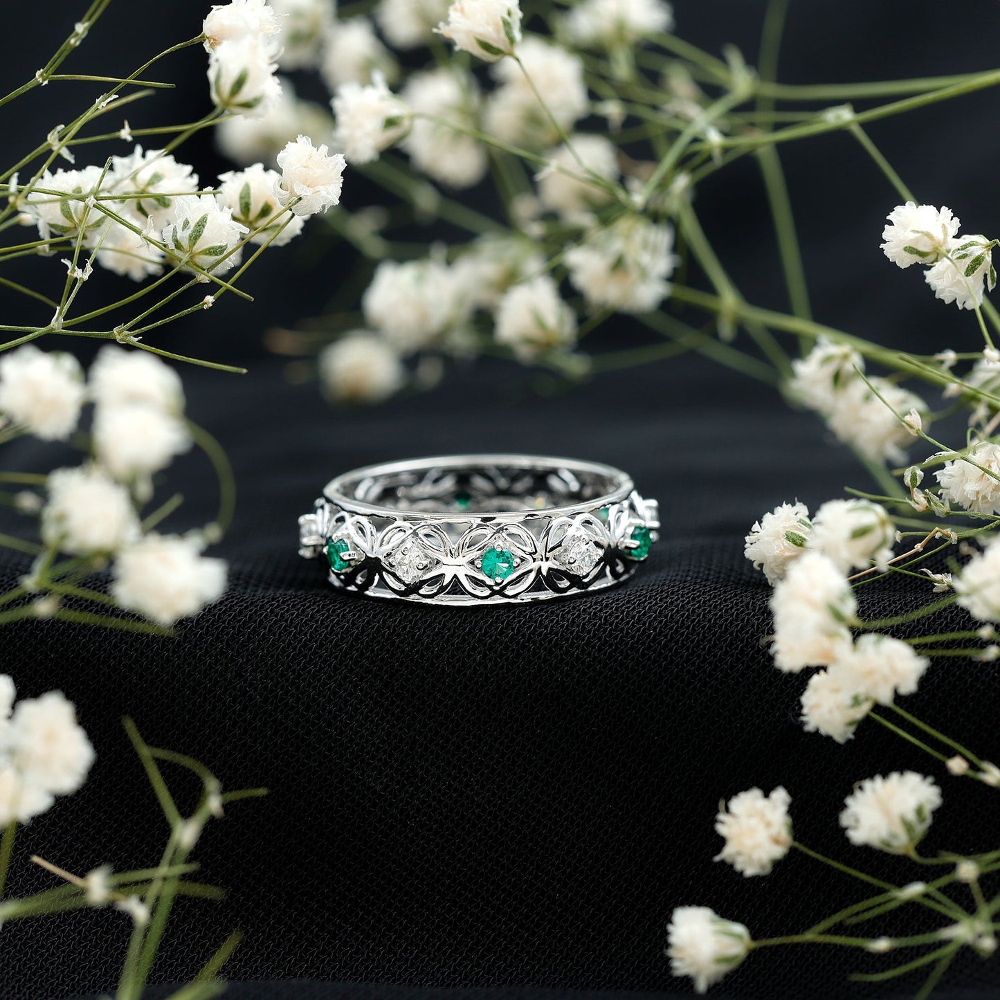 Lab Emerald and Moissanite Vintage Wedding Band Ring