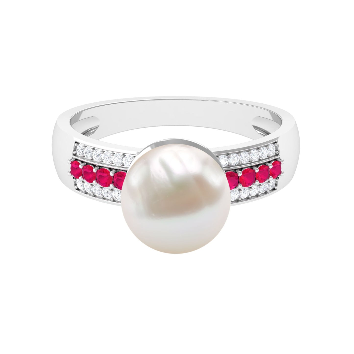 Solitaire Freshwater Pearl Engagement Ring with Moissanite and Ruby Side Stones