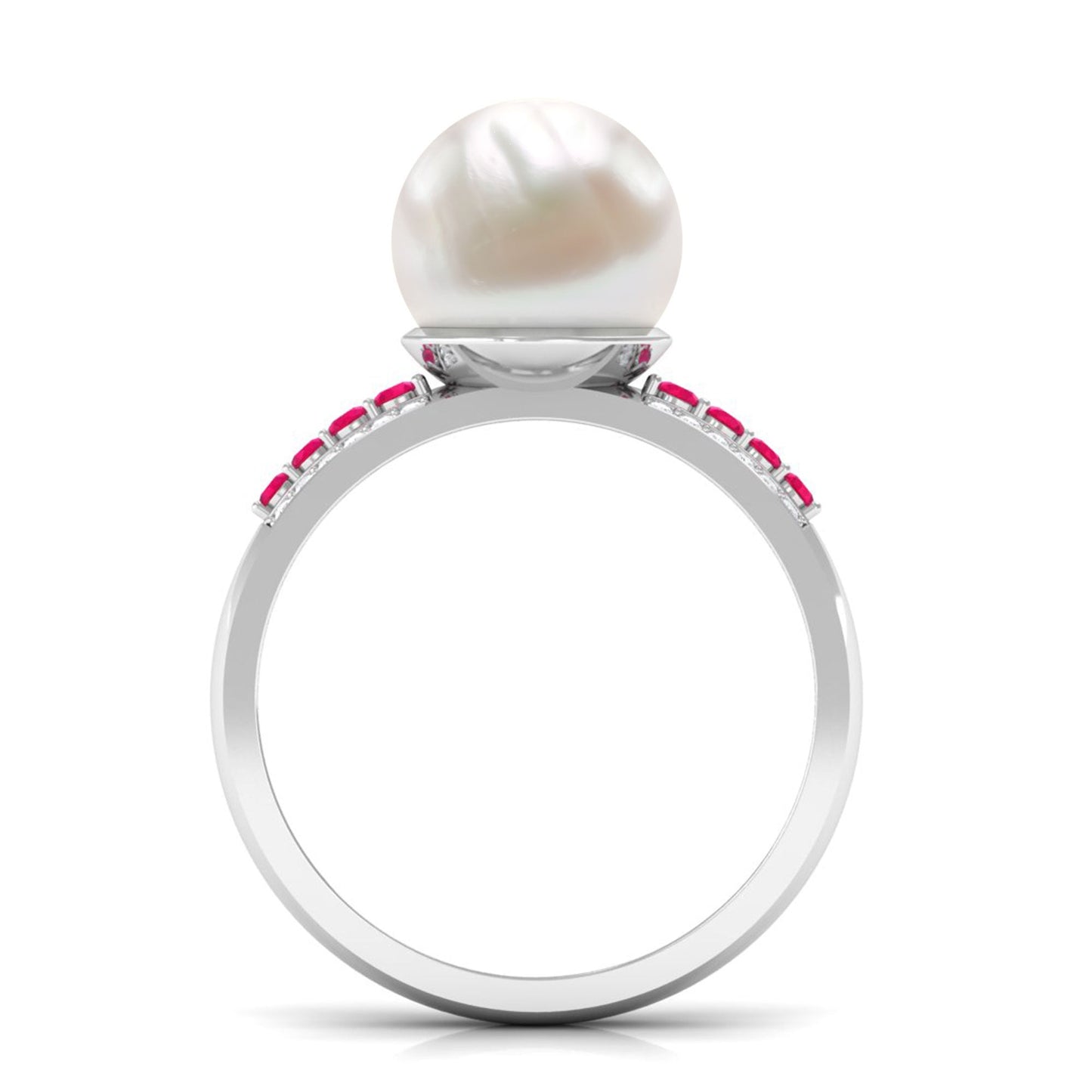 Solitaire Freshwater Pearl Engagement Ring with Moissanite and Ruby Side Stones