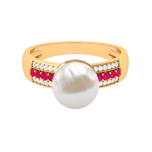 Solitaire Freshwater Pearl Engagement Ring with Moissanite and Ruby Side Stones