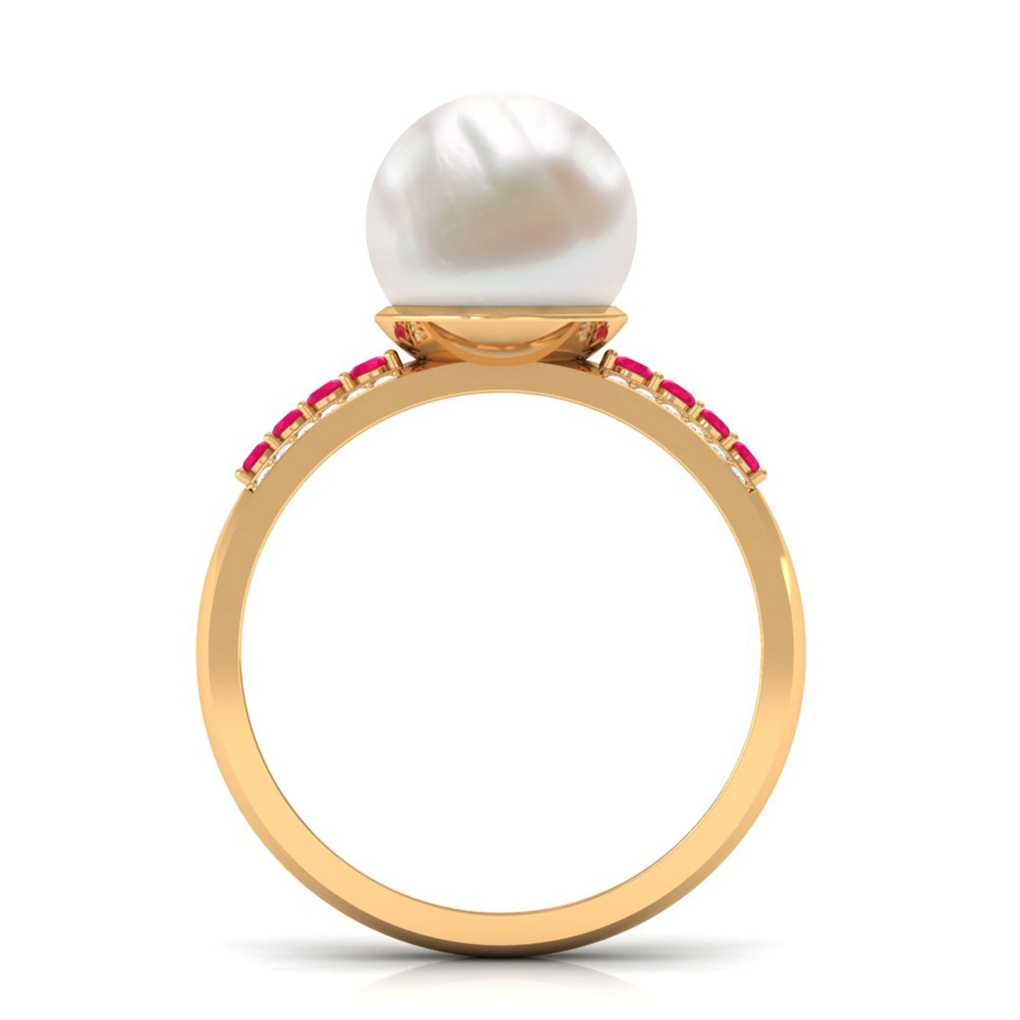 Solitaire Freshwater Pearl Engagement Ring with Moissanite and Ruby Side Stones
