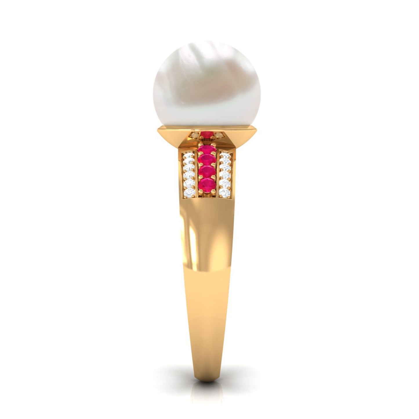 Solitaire Freshwater Pearl Engagement Ring with Moissanite and Ruby Side Stones