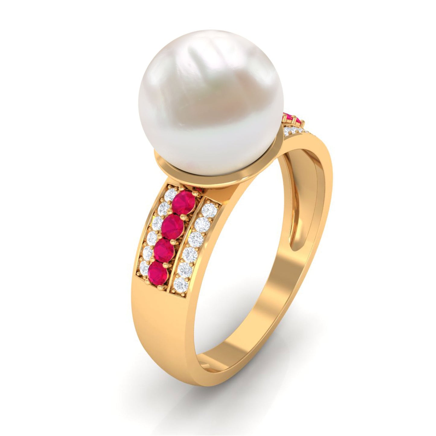 Solitaire Freshwater Pearl Engagement Ring with Moissanite and Ruby Side Stones