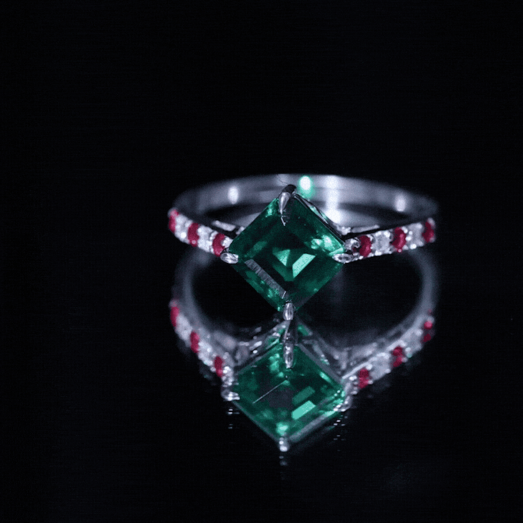 Lab Created Emerald Engagement Ring with Lab Created Ruby and Moissanite