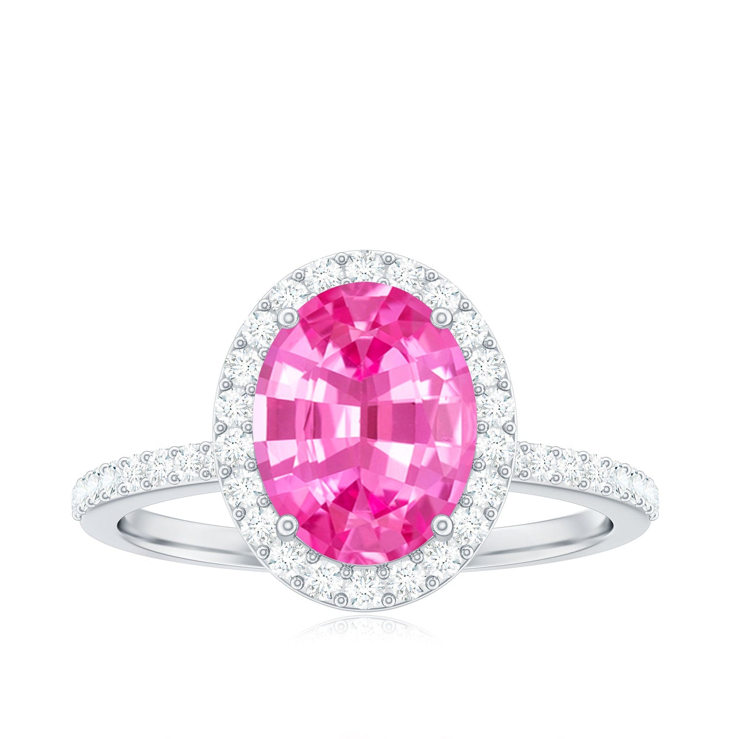 Oval Cut Created Pink Sapphire and Diamond Halo Ring