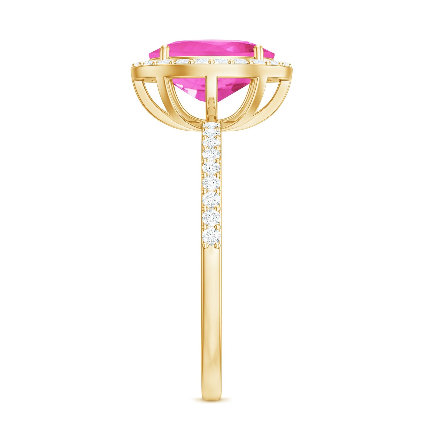 Oval Cut Created Pink Sapphire and Diamond Halo Ring