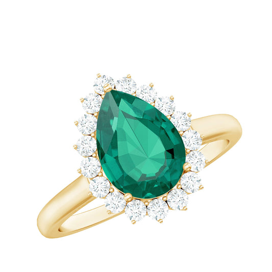 7X10 mm Pear Cut Lab Created Emerald Halo Engagement Ring with Diamond
