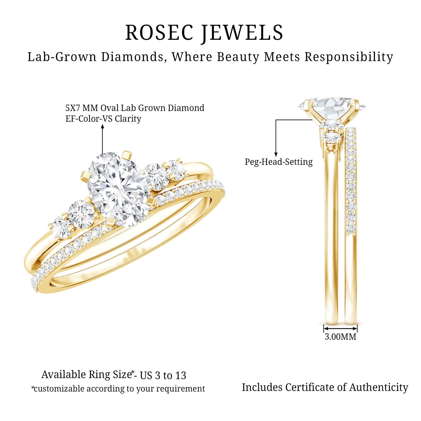 Certified 5X7 MM Oval Lab Grown Diamond Bridal Ring Set