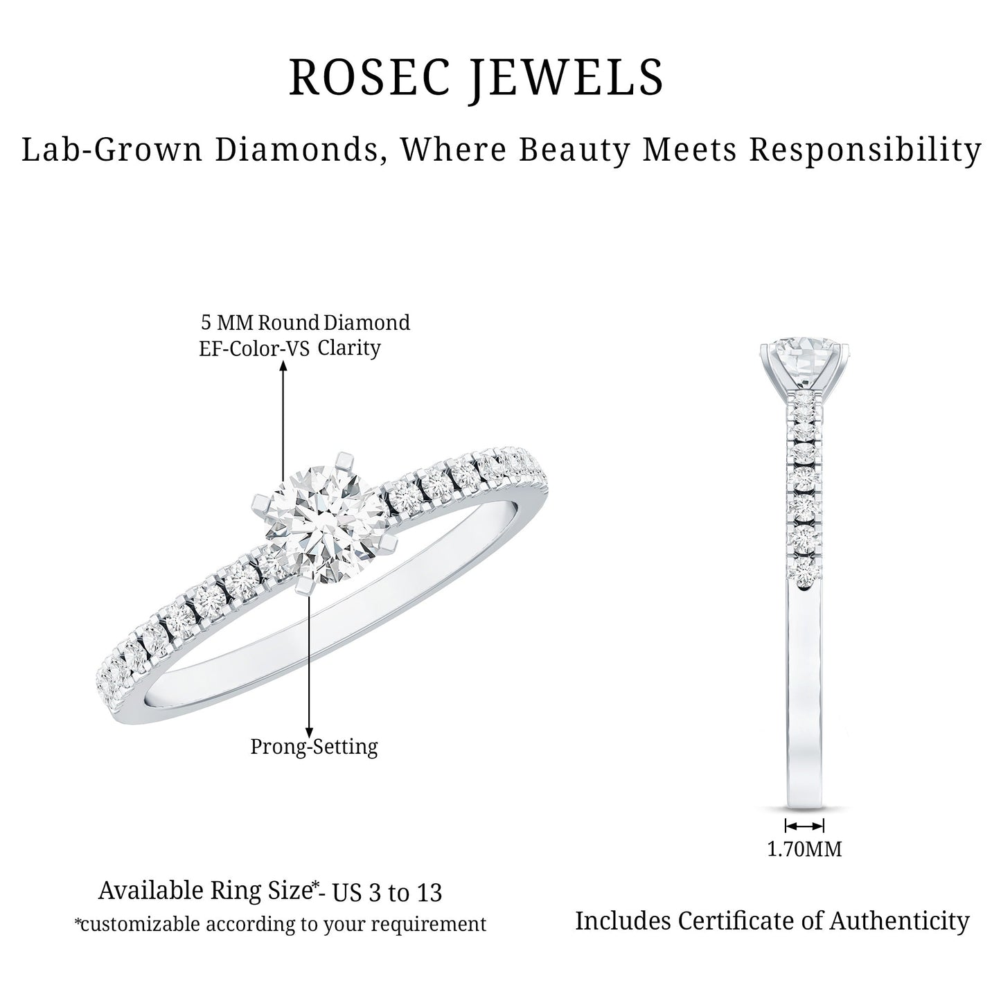 5 MM Lab Grown Diamond Simple Engagement Ring with Side Stones