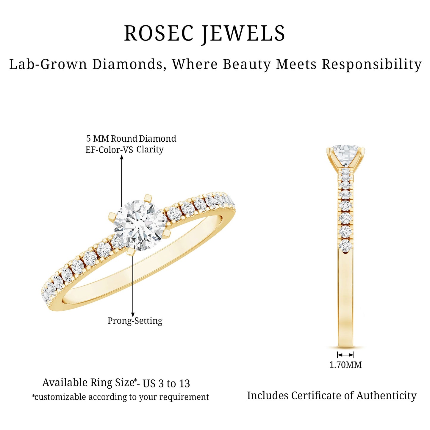 5 MM Lab Grown Diamond Simple Engagement Ring with Side Stones
