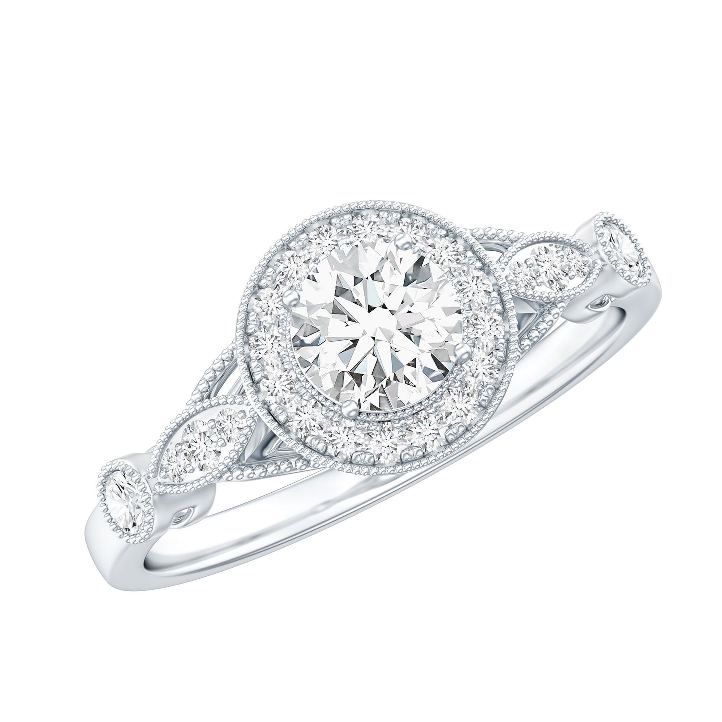 Certified 5 MM Lab Grown Diamond Halo Engagement Ring With Side Stones