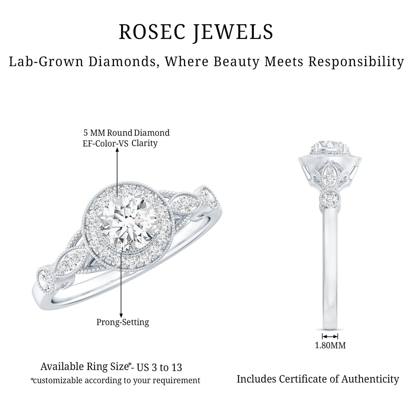 Certified 5 MM Lab Grown Diamond Halo Engagement Ring With Side Stones