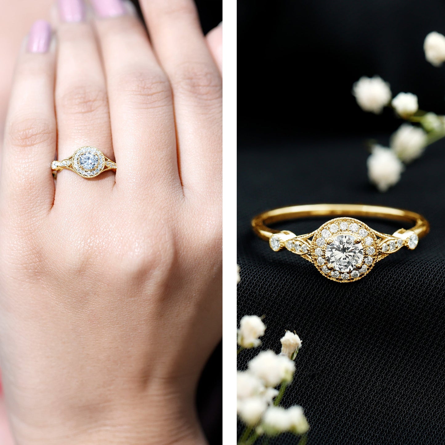 Certified 5 MM Lab Grown Diamond Halo Engagement Ring With Side Stones