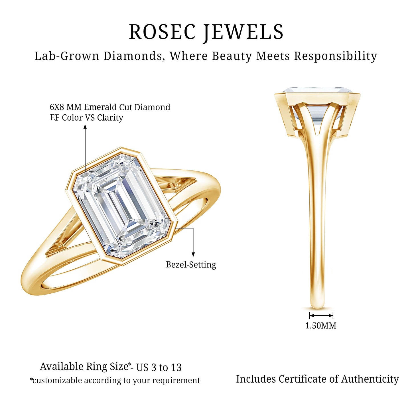 Certified Lab Grown Diamond 6X8 MM Emerald Cut Engagement Ring