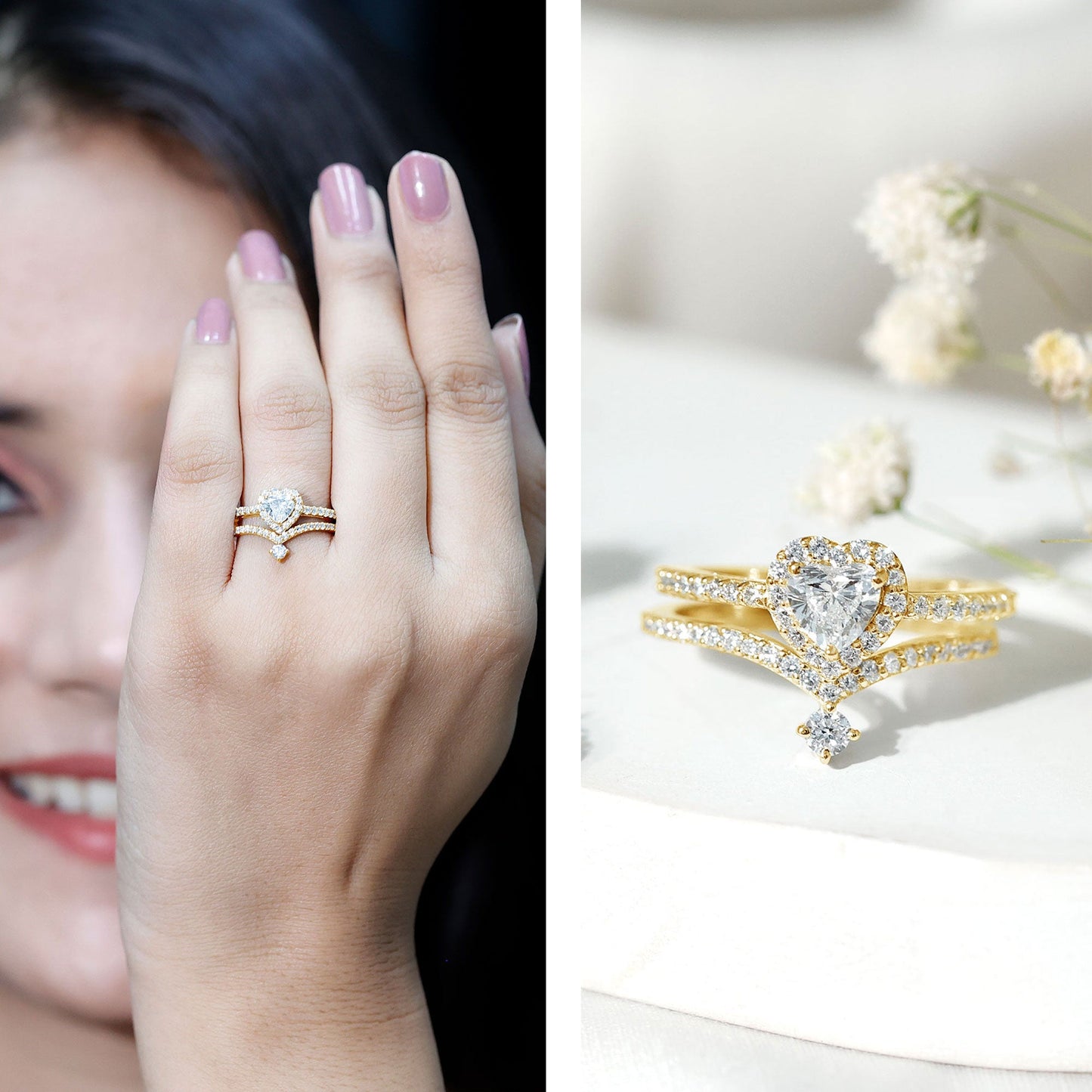 Certified 5 MM Lab Grown Diamond Heart Bridal Ring Set