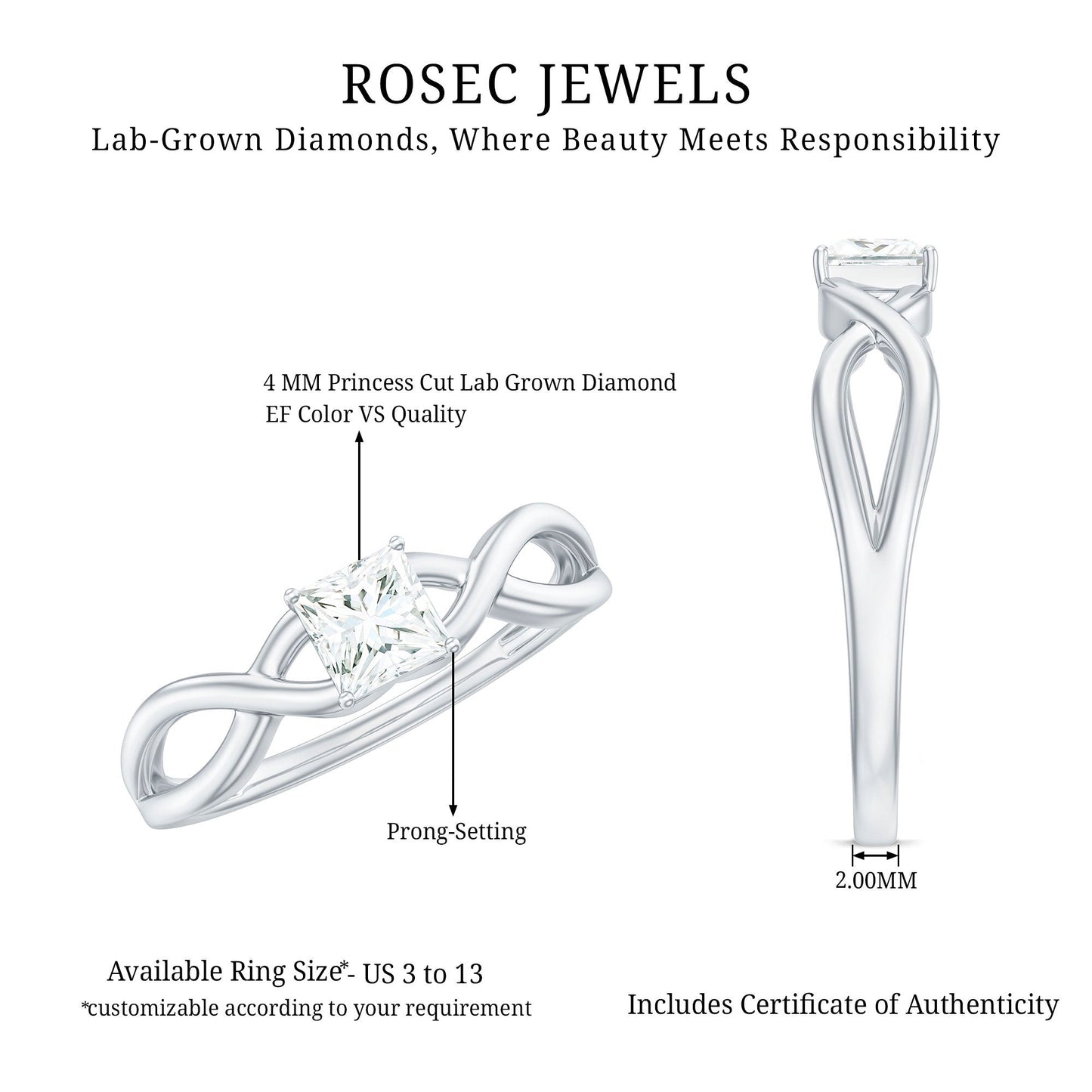 Certified Lab Princess Cut Diamond Infinity Promise Ring