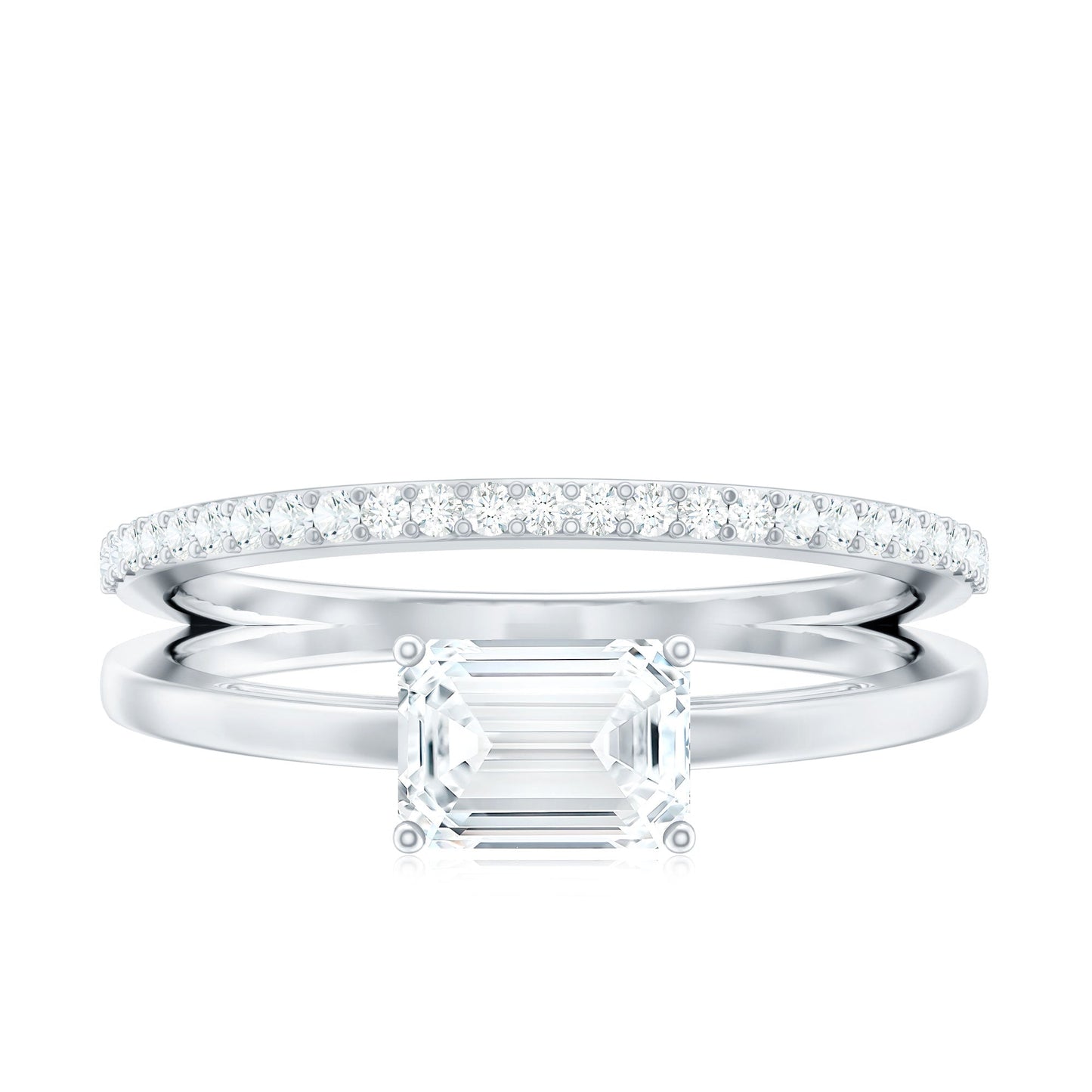 Lab Grown Diamond 6X8MM Emerald Cut Engagement Ring With Diamond Studded Shank