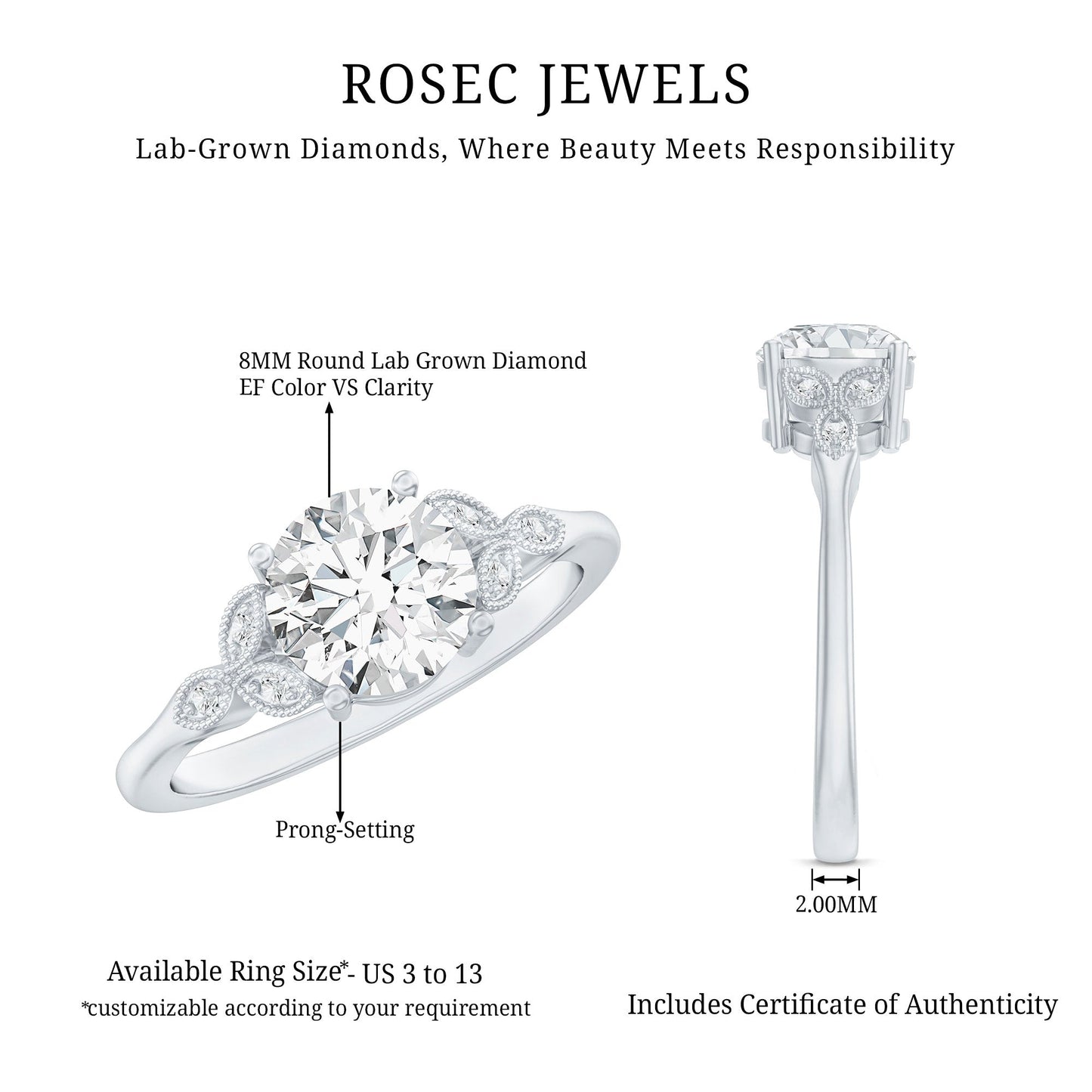 8 MM Round Lab Grown Diamond Vine Engagement Ring