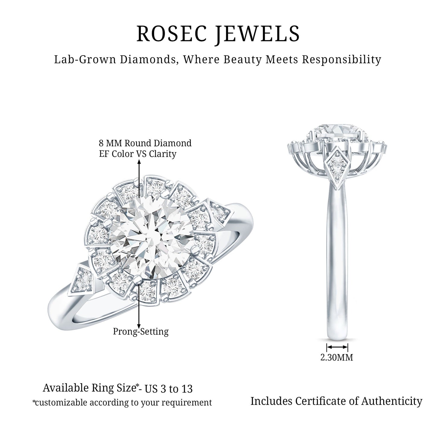 Certified 8 MM Lab Grown Diamond Flower Halo Engagement Ring