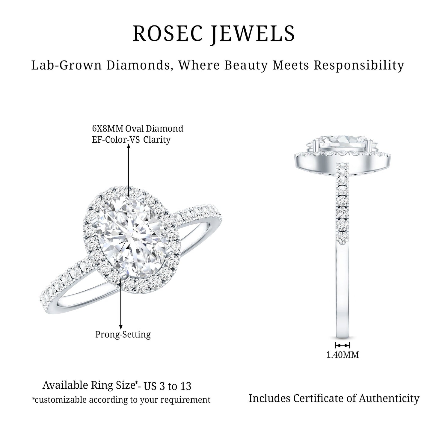 Certified Lab Grown Diamond 6X8 MM Oval Engagement Ring With Side Stones