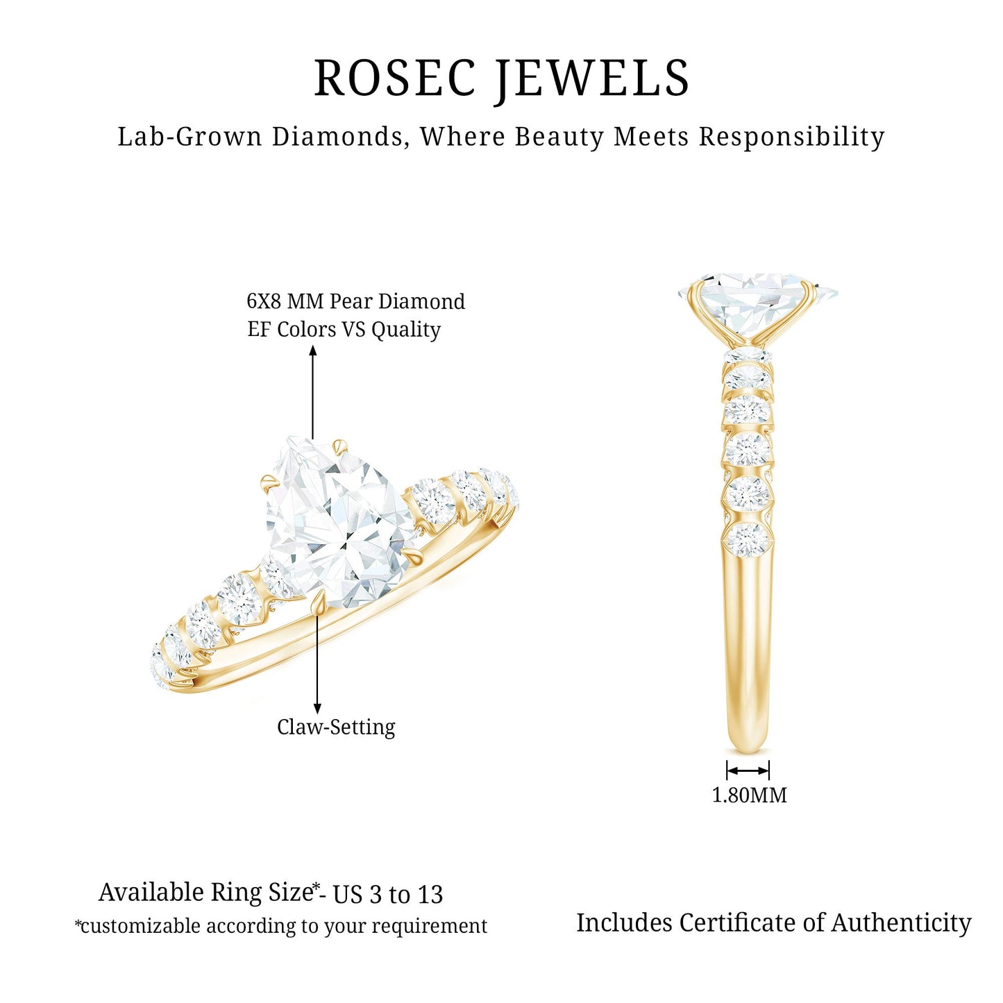 1 CT Pear Cut Lab Grown Diamond Engagement Ring for Women