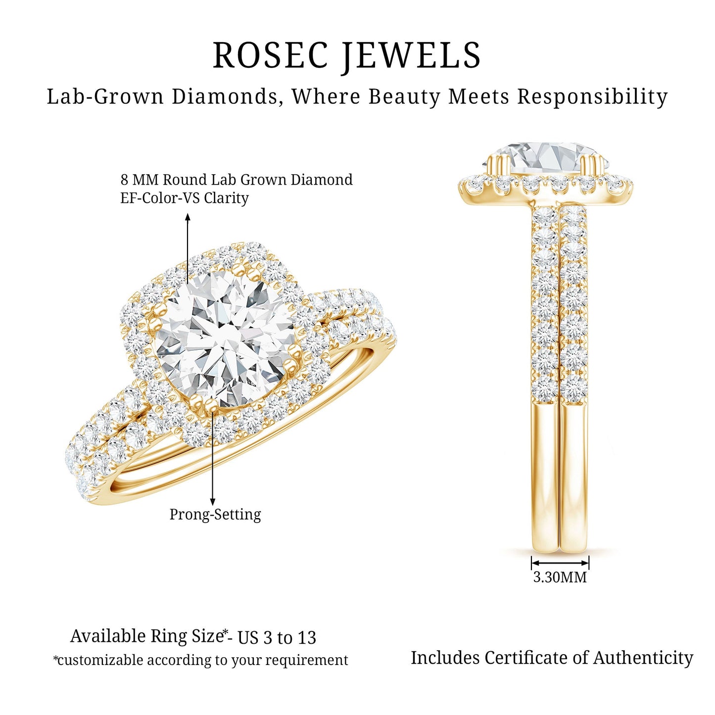 Lab Grown 8 MM Diamond Halo Engagement Ring with Wedding Band