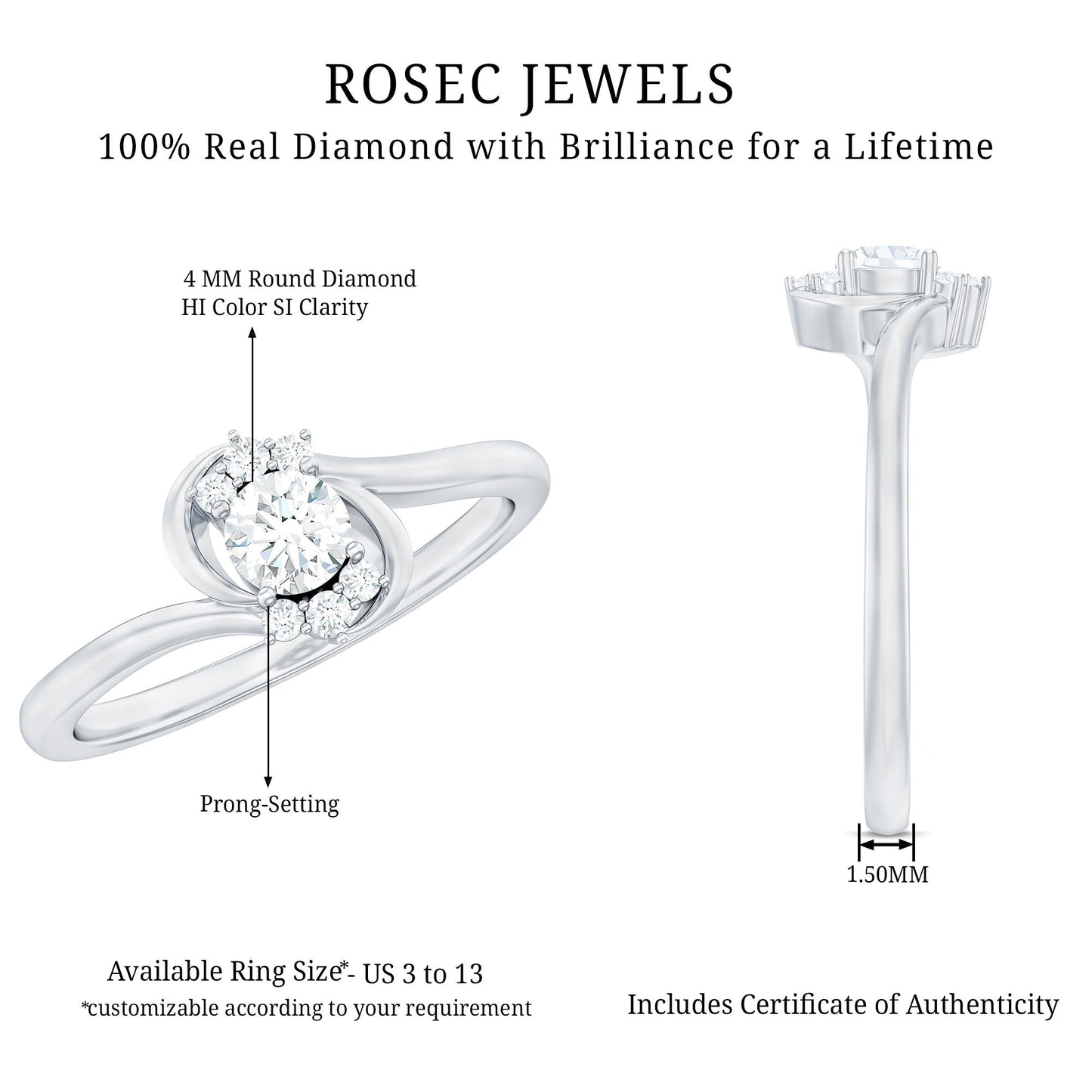 Certified Real Diamond Promise Ring with Bypass Shank