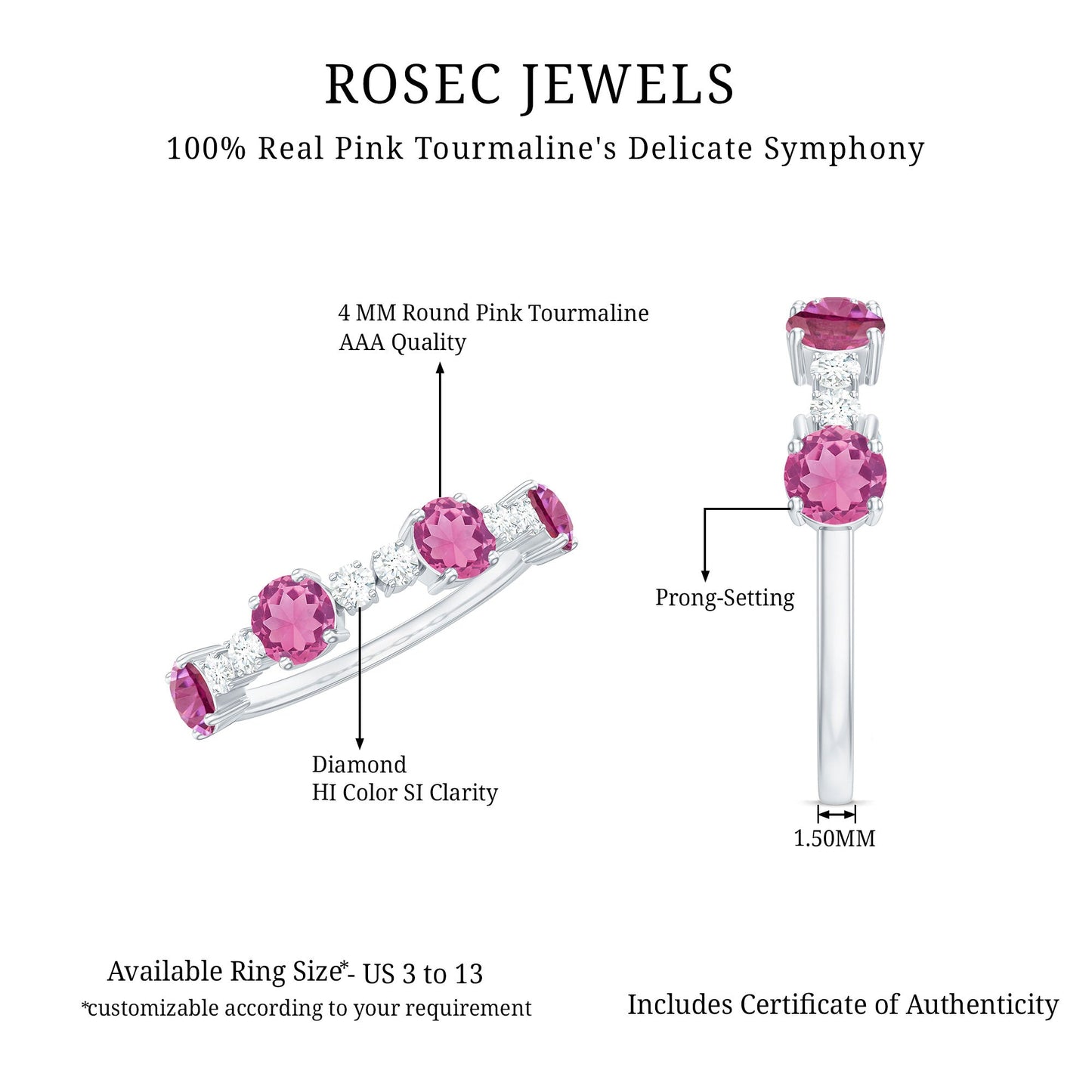 Alternate Semi Eternity Ring with Pink Tourmaline and Diamond