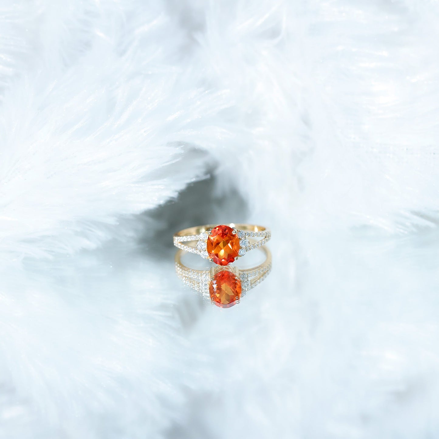 4 Carat Lab Grown Orange Sapphire Oblong Engagement Ring with Split Shank