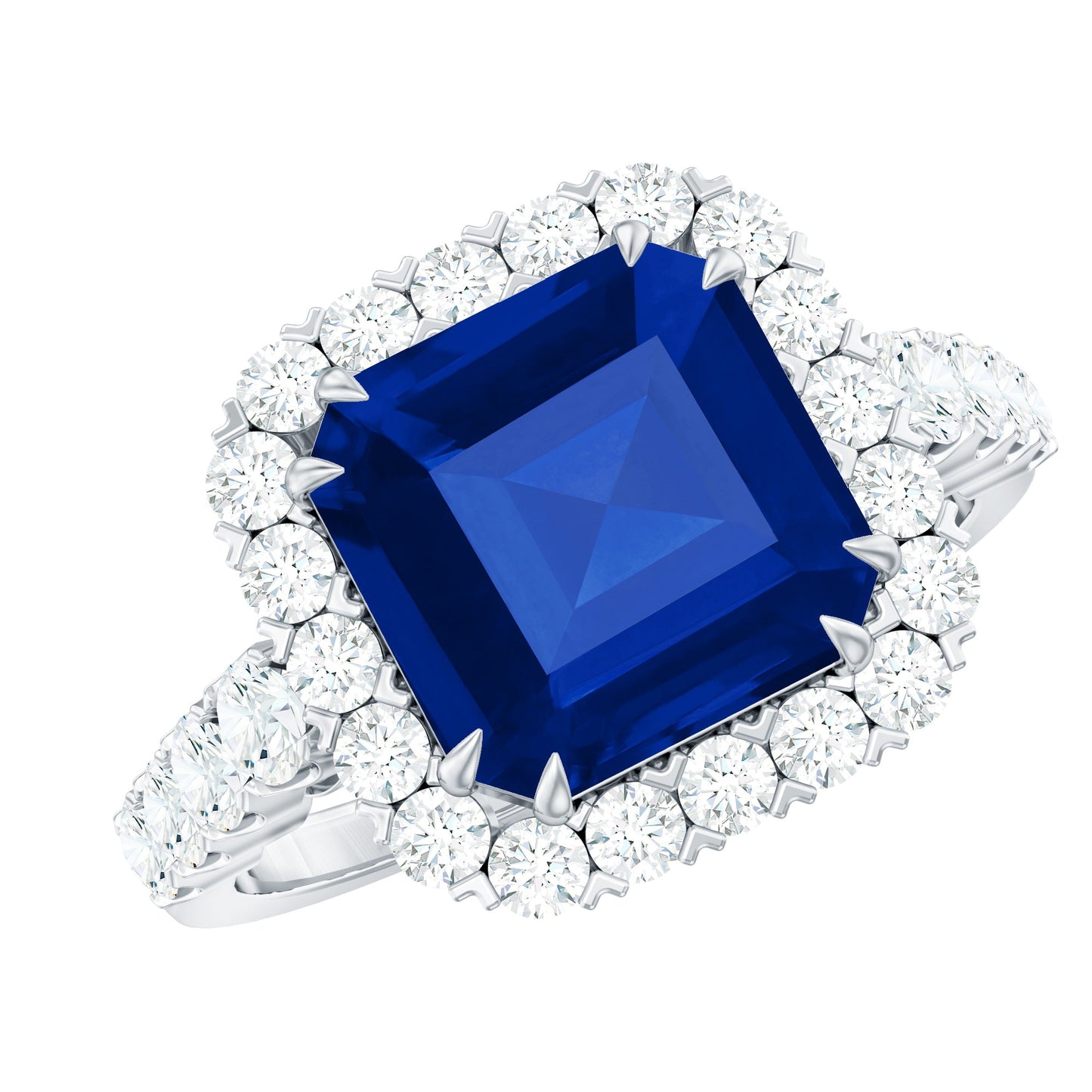 Certified 6.75 Carat Asscher Cut Lab Grown Blue Sapphire Engagement Ring with Diamond Halo