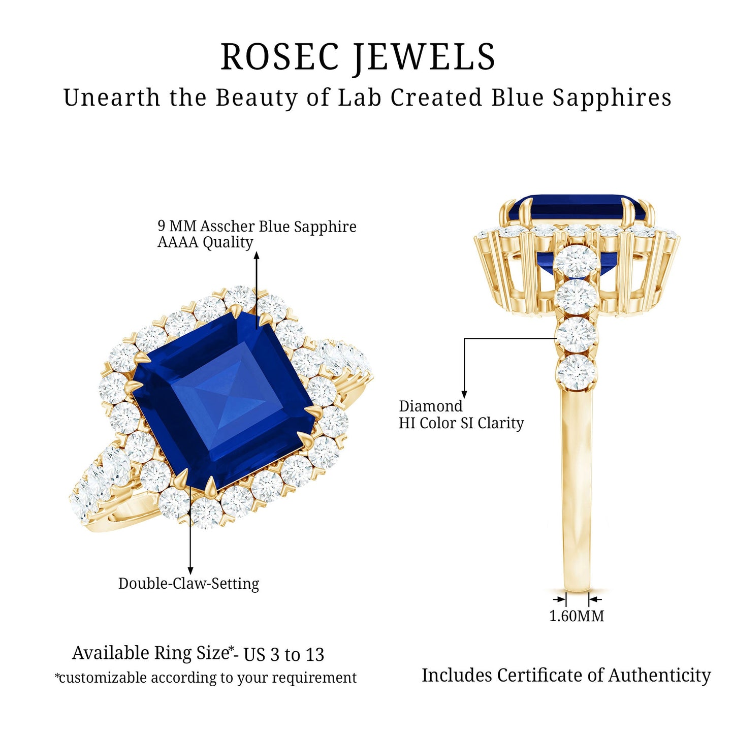 Certified 6.75 Carat Asscher Cut Lab Grown Blue Sapphire Engagement Ring with Diamond Halo