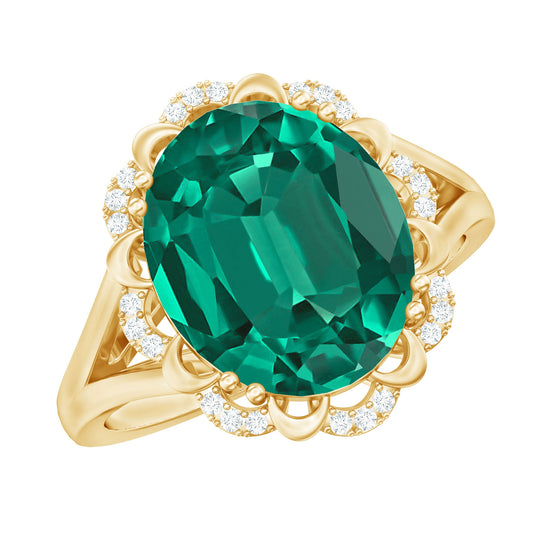Vintage Looking 10X12mm Lab Created Emerald Engagement Ring with Diamond