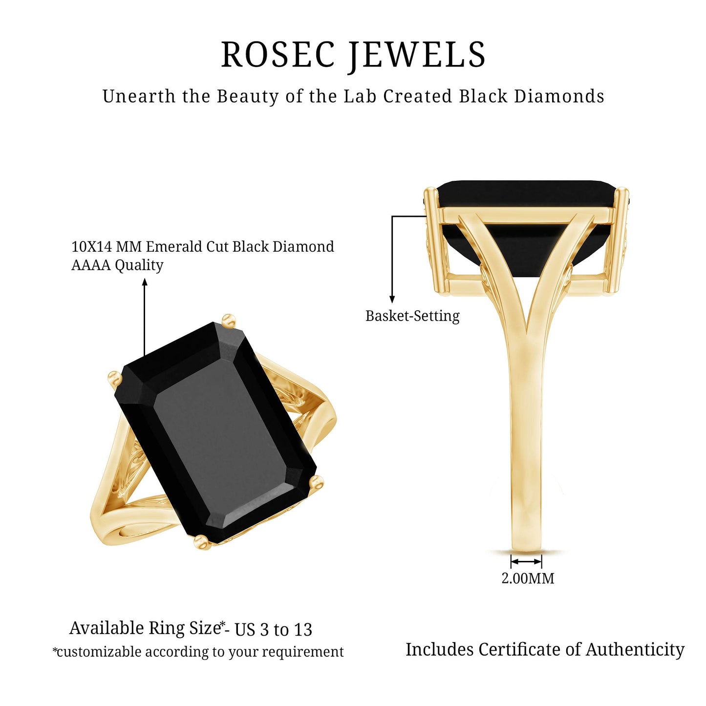 Certified Lab Grown Black Diamond 10X14 MM Emerald Cut Solitaire Ring