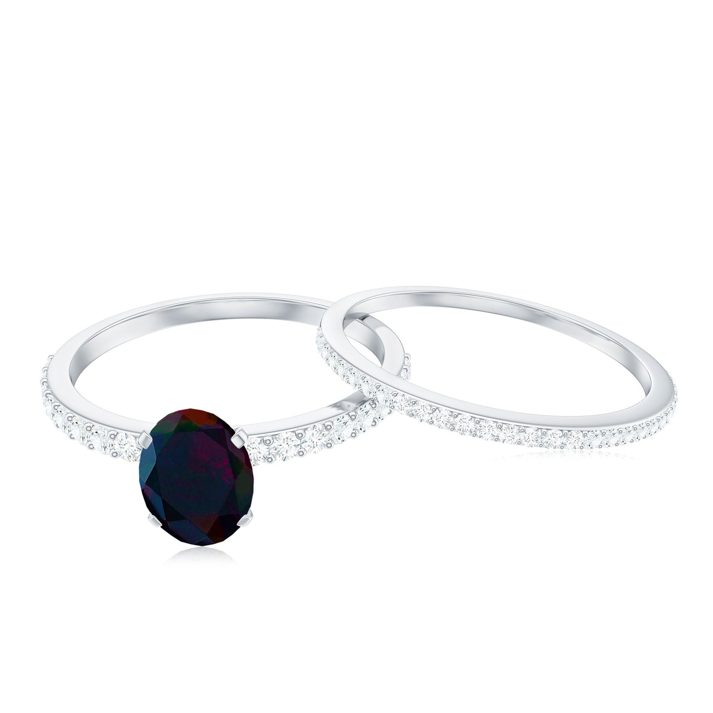 0.9 Carat Oval Cut Black Opal Wedding Ring Set With Diamond
