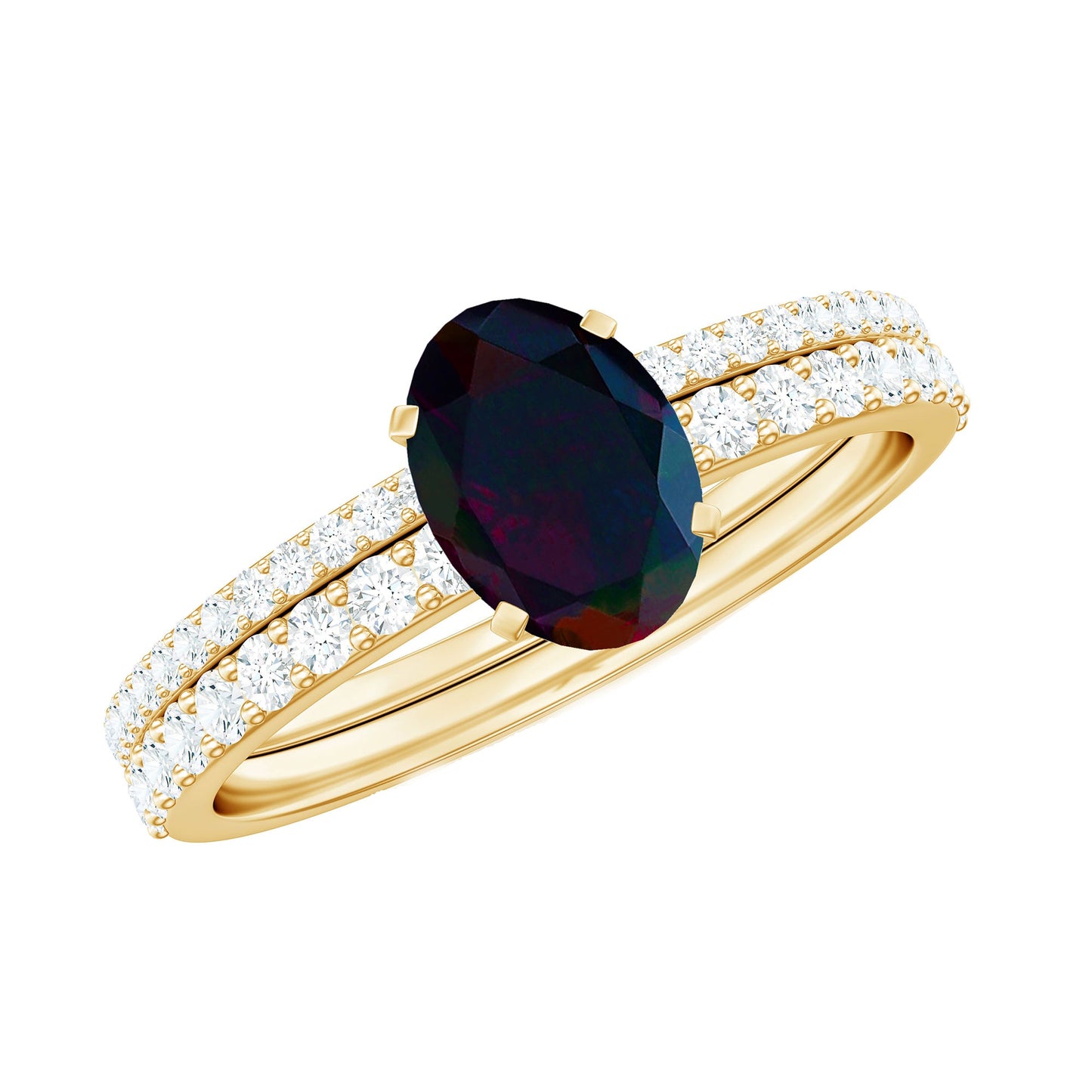 0.9 Carat Oval Cut Black Opal Wedding Ring Set With Diamond