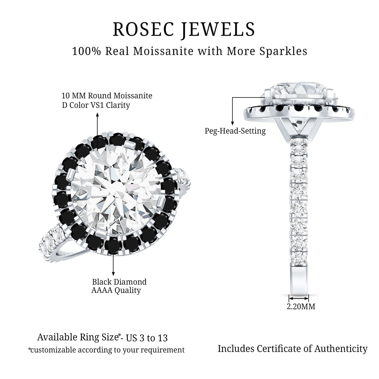 Certified 10 MM Moissanite Halo Engagement Ring With Lab Black Diamond