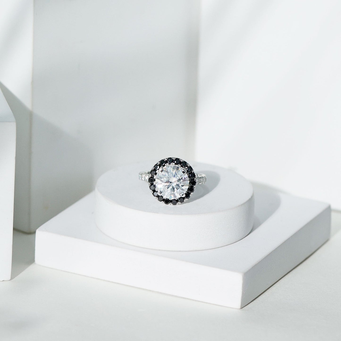 Certified 10 MM Moissanite Halo Engagement Ring With Lab Black Diamond