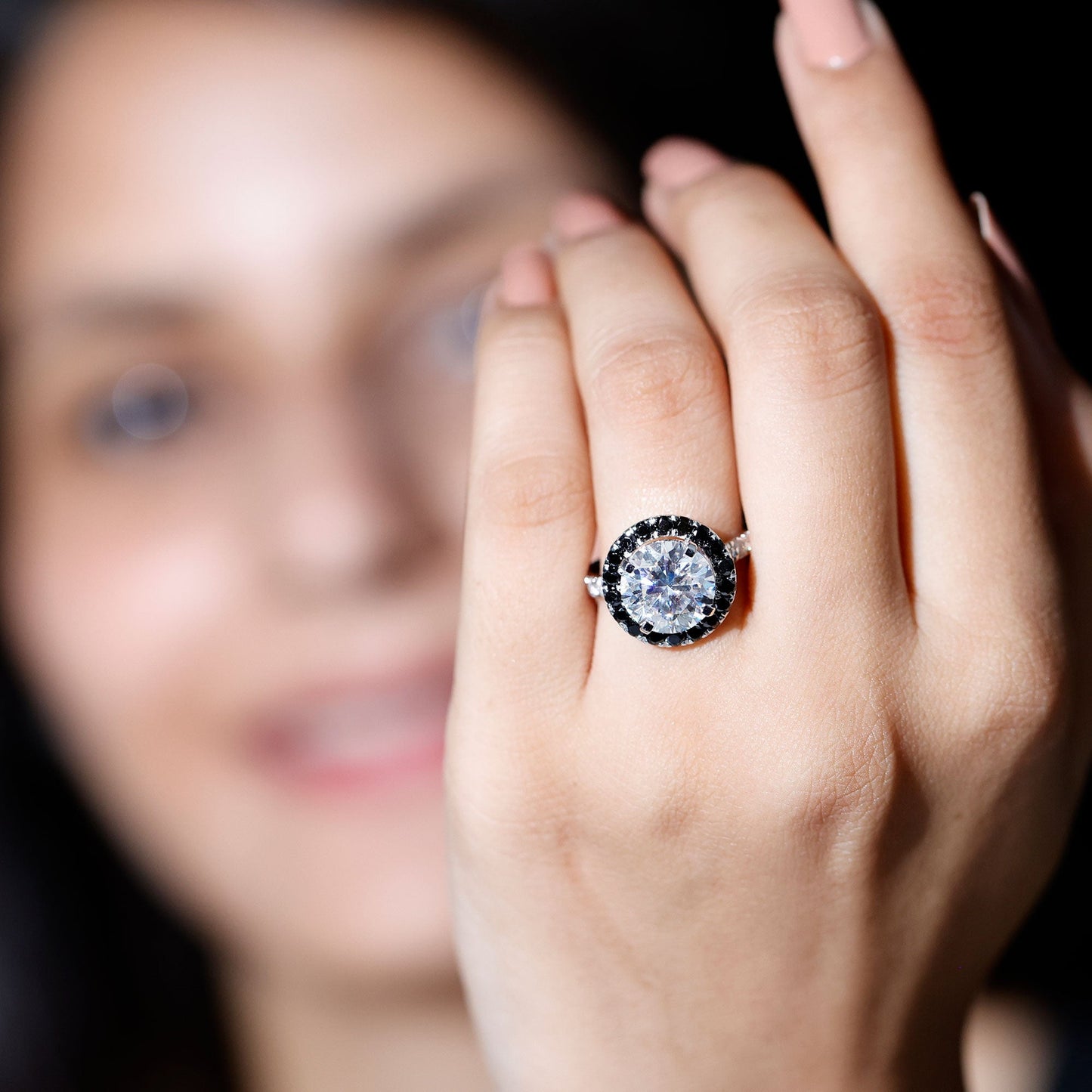 Certified 10 MM Moissanite Halo Engagement Ring With Lab Black Diamond
