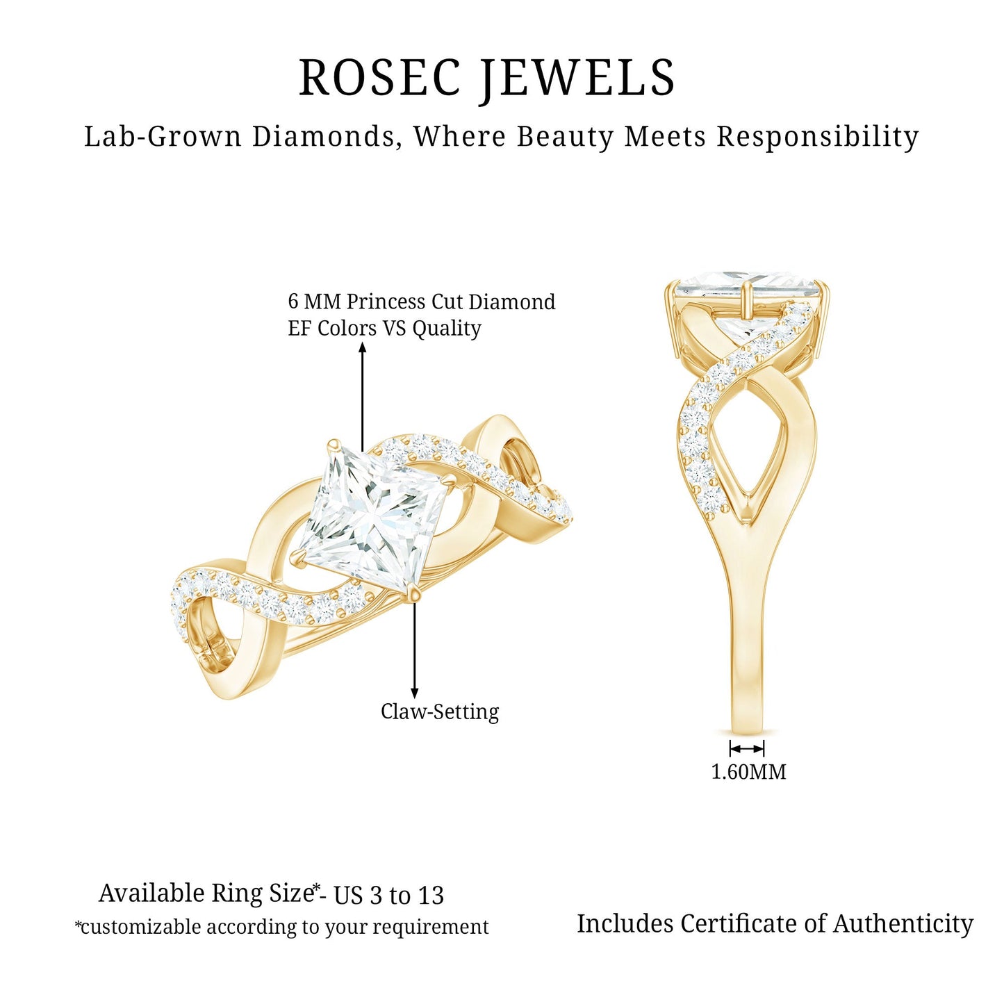 Lab Diamond Crossover Ring with Side Stones