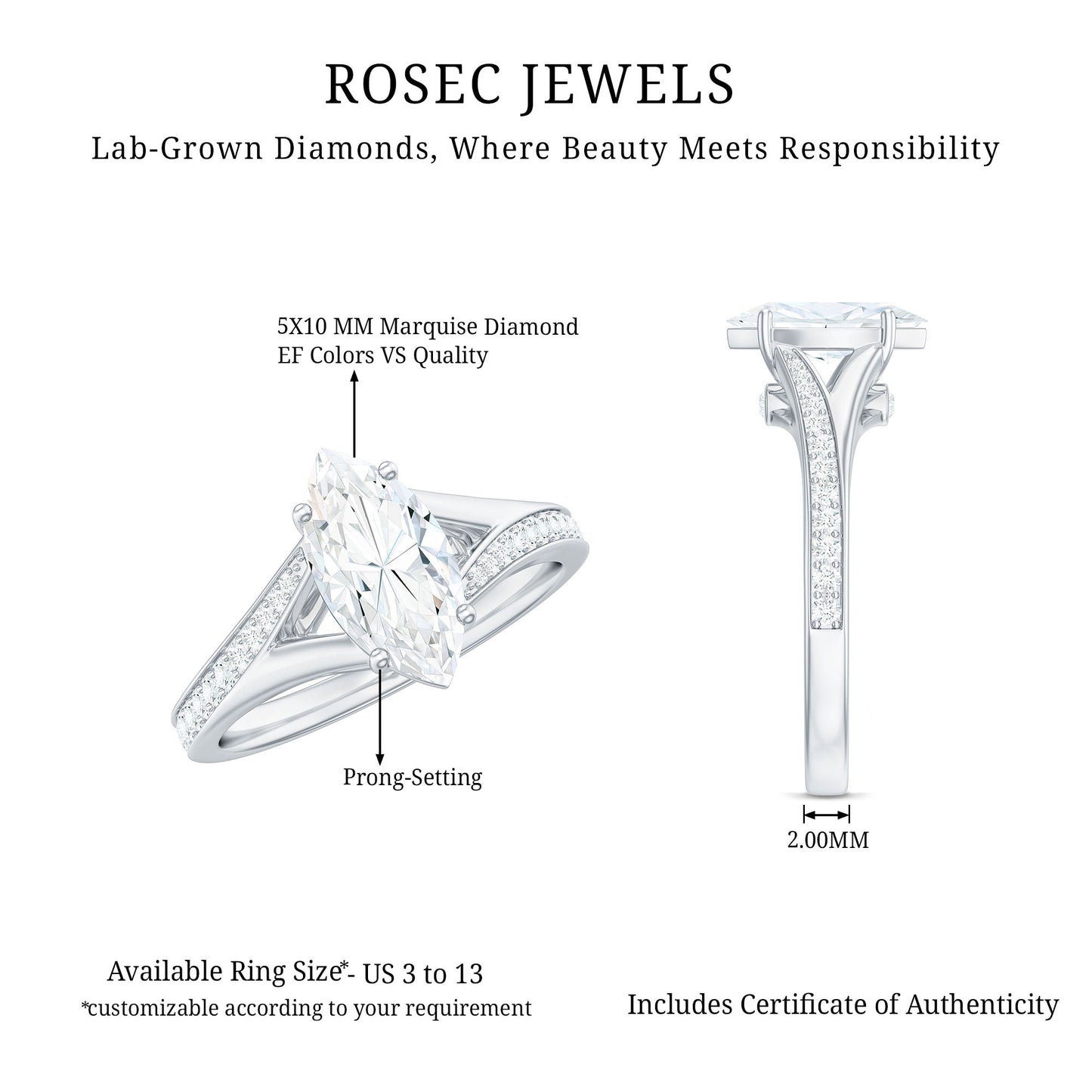 Brilliant Cut Lab Grown Diamond Marquise Engagement Ring with Split Shank
