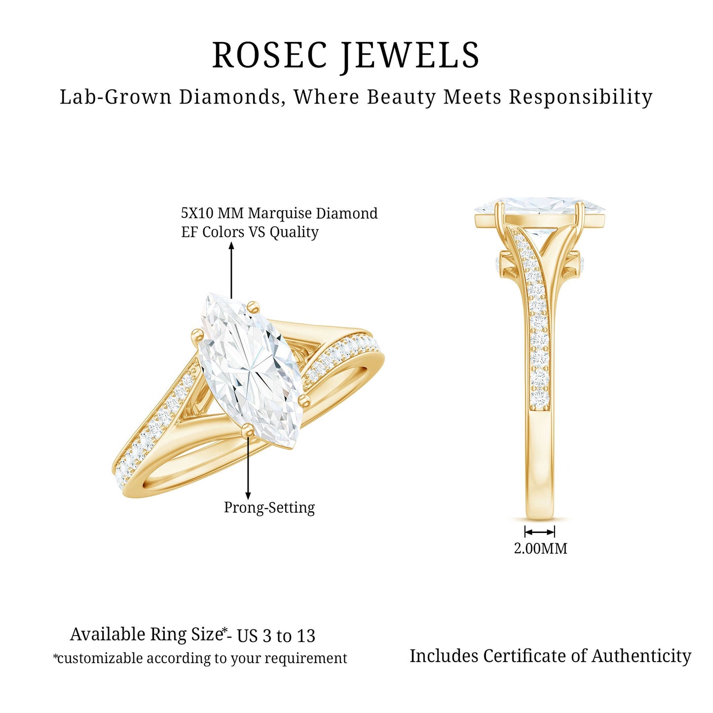 Brilliant Cut Lab Grown Diamond Marquise Engagement Ring with Split Shank