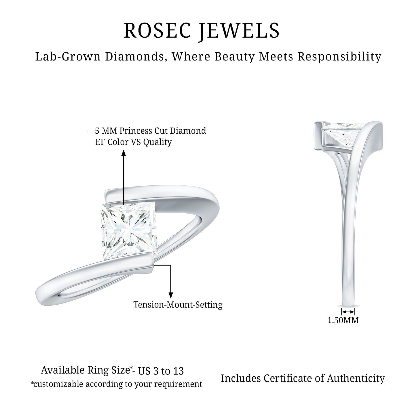5 mm Princess Cut Lab Grown Diamond Ring With Tension Setting