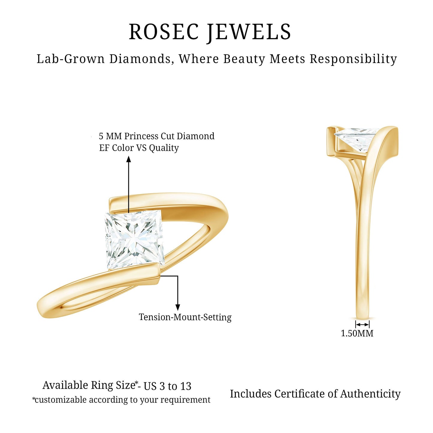 5 mm Princess Cut Lab Grown Diamond Ring With Tension Setting