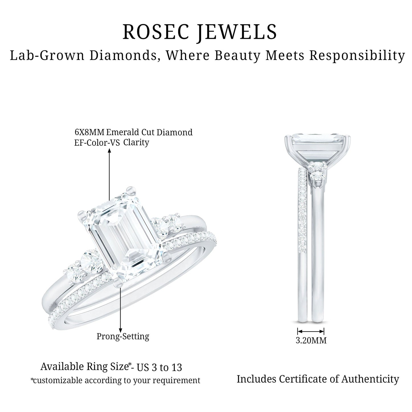 Certified Lab Grown Diamond 6X8MM Emerald Cut Engagement Ring with Band
