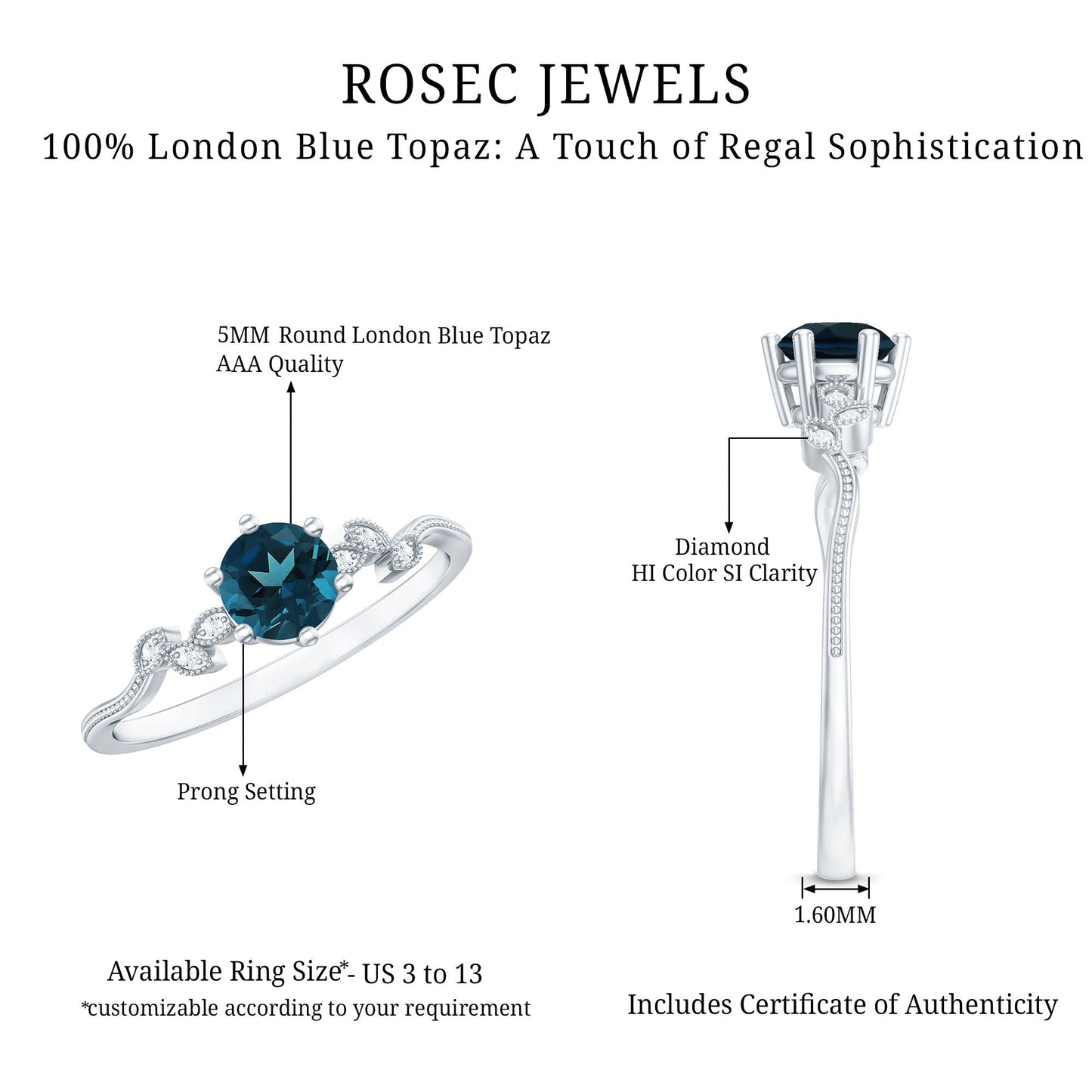 5mm Round London Blue Topaz Commitment Ring with Diamond