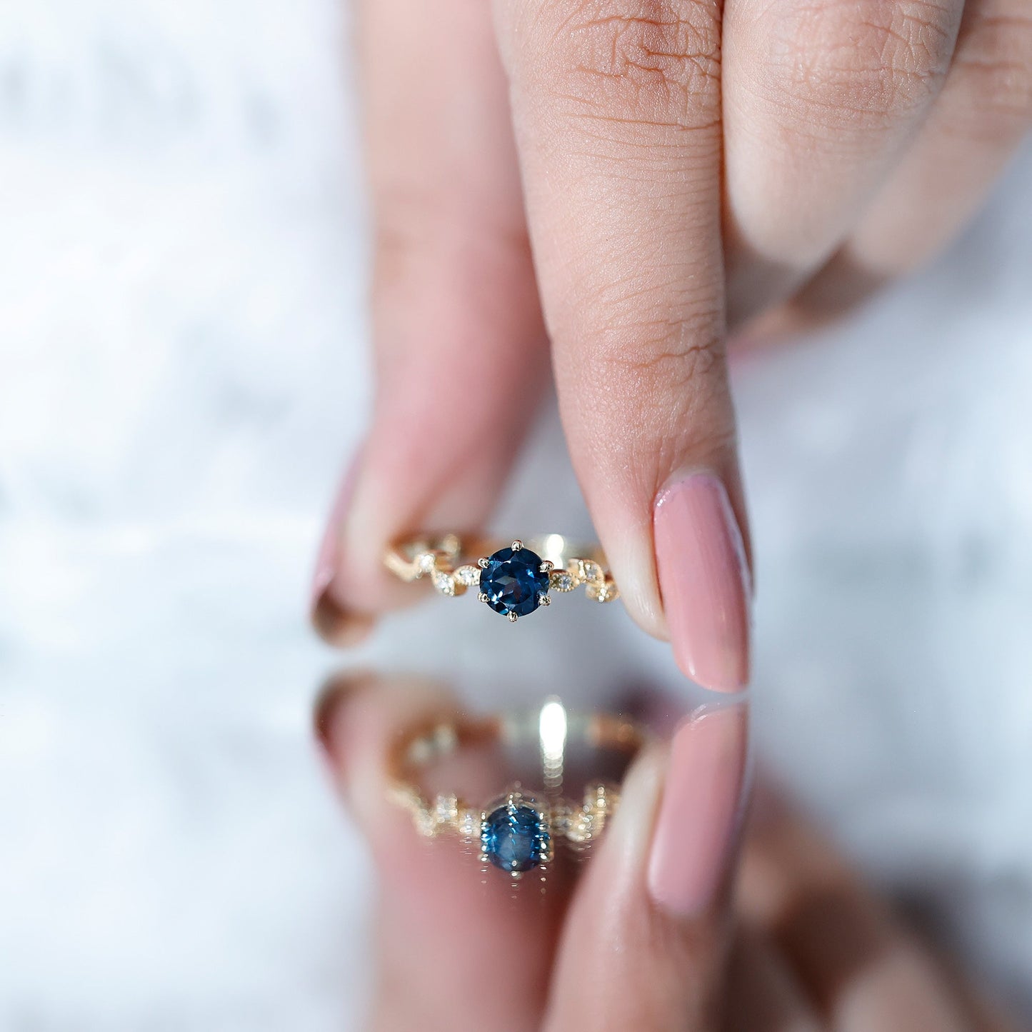 5mm Round London Blue Topaz Commitment Ring with Diamond