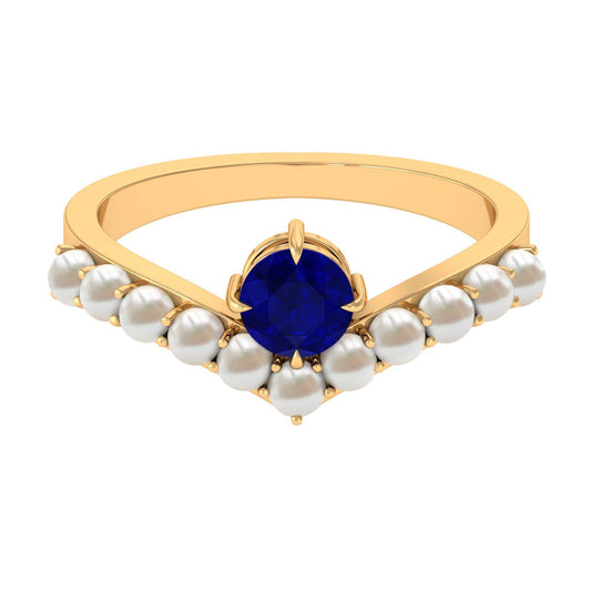 2 CT Solitaire Blue Sapphire and Freshwater Pearl Chevron Ring